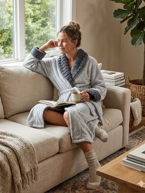 JoySpun Cozy Plush Gray Shawl Collar Belted Long Robe Loungewear S Pockets